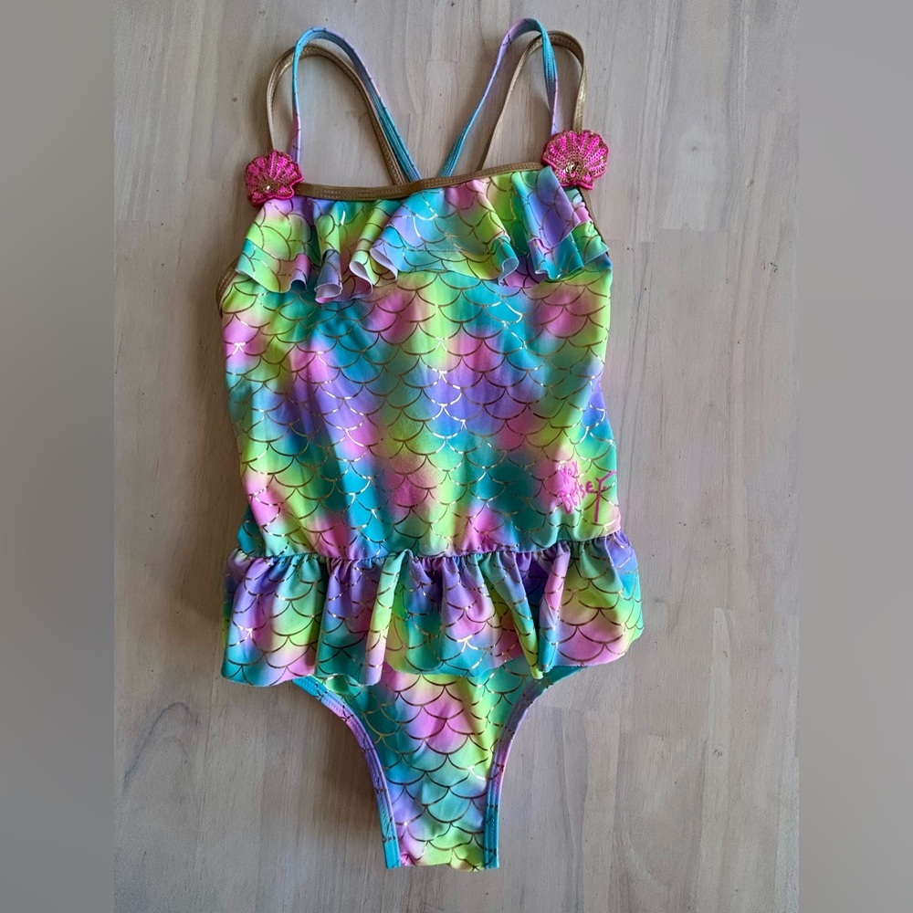 Betsey Johnson Girls Swimsuit Size 13 L Rainbow Mermaid One Piece